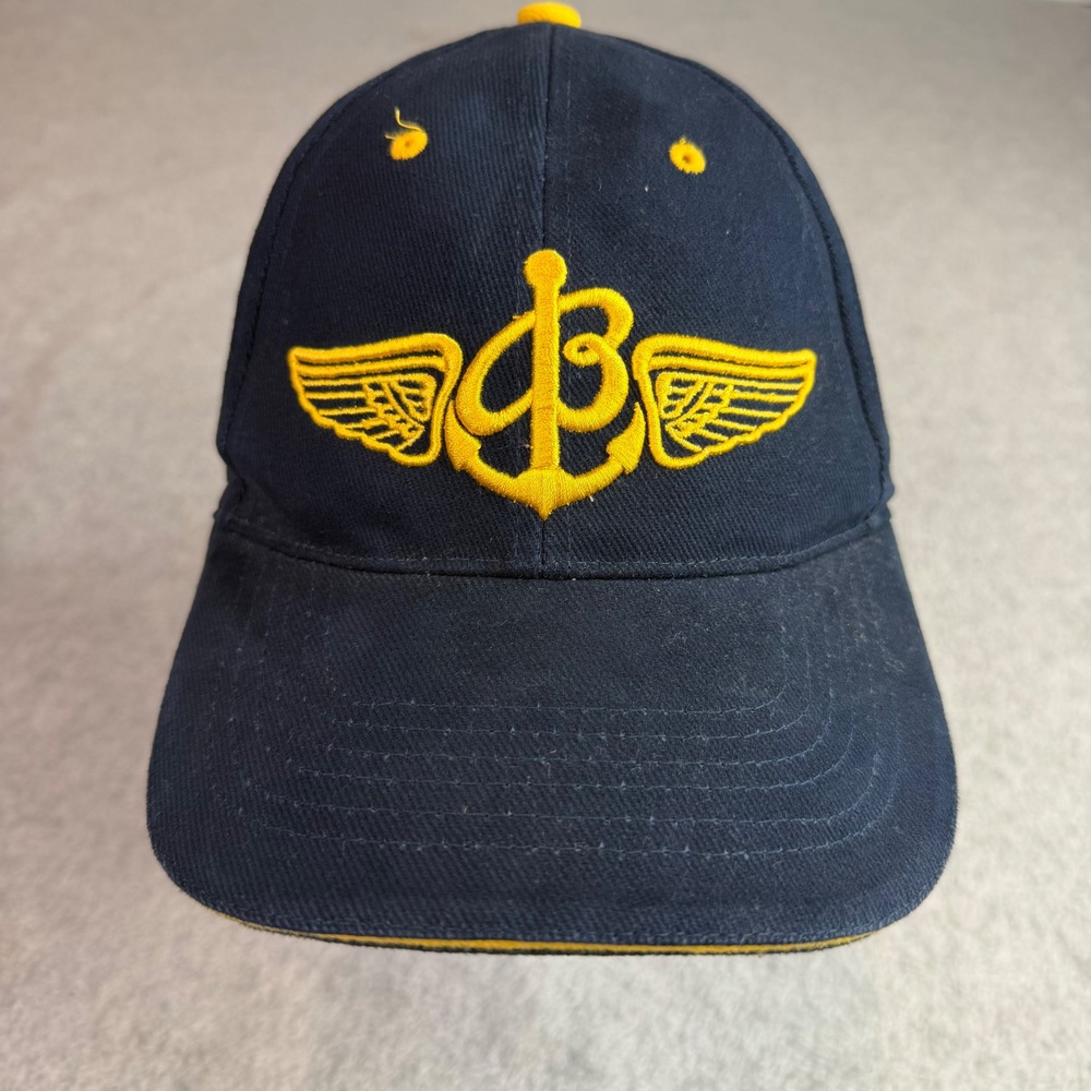 Vtg Breitling Watch Cap Mens OSFA Navy Blue Yellow Embroidered Strap back Hat